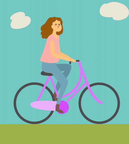 A Woman In A Pink Shirt Is Riding A Purple Bike GIF