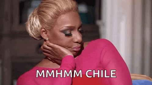 A Woman In A Pink Shirt Is Sitting Down With Her Hand On Her Face And The Words `` Mmhmm Chile '' Written On The Screen  GIF