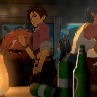 A Woman In A Pink Shirt Is Standing Next To A Bottle Of Beer GIF