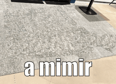 A Woman In A Pink Shirt Is Standing On A Rug With The Words A Mimir Written On It GIF