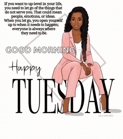 A Woman In A Pink Suit Is Sitting On A Tuesday Greeting Card GIF