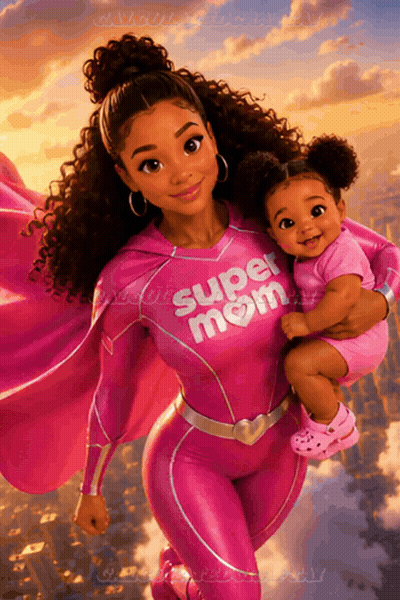 A Woman In A Pink Super Mom Costume Holds A Baby GIF