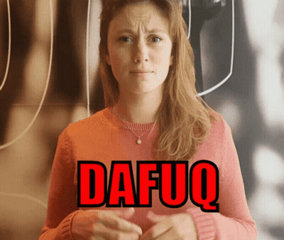 A Woman In A Pink Sweater Has The Word Dafuq Written In Red GIF