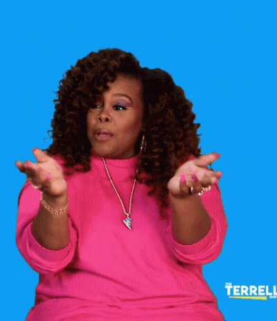 A Woman In A Pink Sweater Is Waving Her Hand In Front Of A Blue Background That Says Terrell GIF