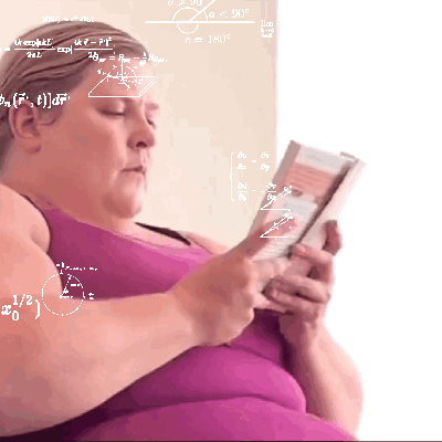 A Woman In A Pink Tank Top Is Reading A Book With Mathematical Equations On The Wall Behind Her GIF