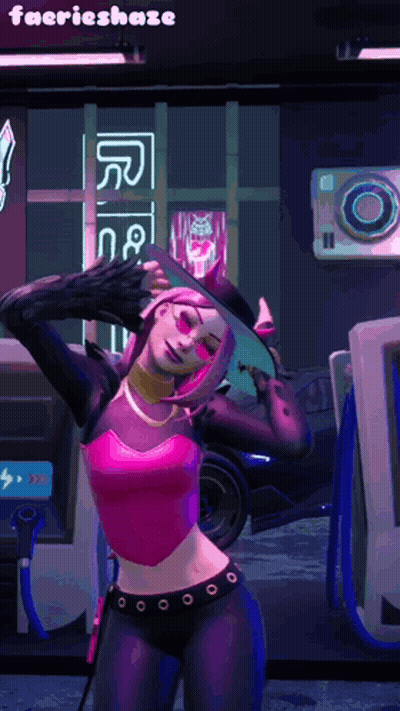 A Woman In A Pink Top And Black Pants Is Standing In Front Of A Neon Sign That Says Faerieshaze GIF