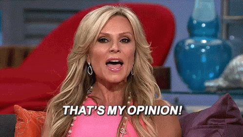 A Woman In A Pink Top Is Sitting On A Couch And Saying That 'S My Opinion . GIF