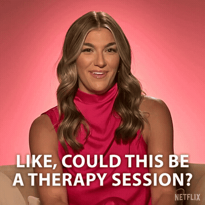 A Woman In A Pink Top Says " Like , Could This Be A Therapy Session " GIF