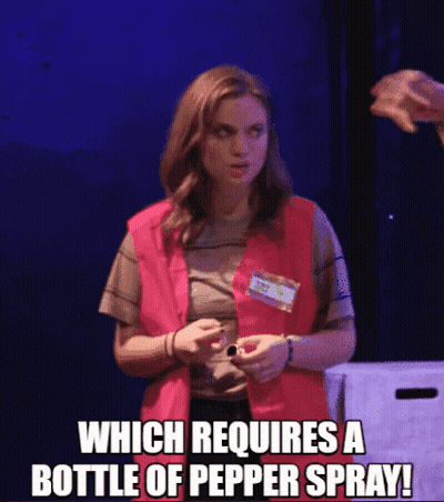 A Woman In A Pink Vest Says " Which Requires A Bottle Of Pepper Spray ! " GIF