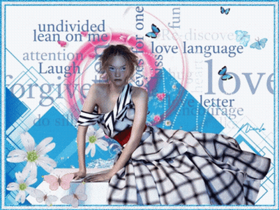 A Woman In A Plaid Dress Is Surrounded By Words Like Love Language GIF