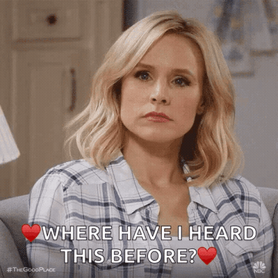 A Woman In A Plaid Shirt Is Sitting On A Couch And Asking Where Have I Heard This Before GIF