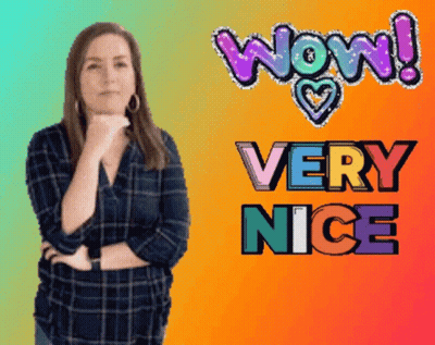 A Woman In A Plaid Shirt Is Standing In Front Of A Sign That Says Wow Very Nice GIF