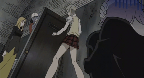A Woman In A Plaid Skirt Is Walking Through A Door GIF