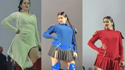 A Woman In A Pleated Skirt Is Standing In Three Different Outfits GIF