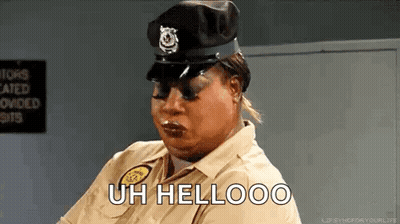 A Woman In A Police Uniform Is Wearing Sunglasses And A Hat And Says `` Uh Hellooo '' . GIF
