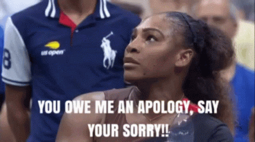 A Woman In A Polo Shirt Says You Owe Me An Apology Say Your Sorry . GIF