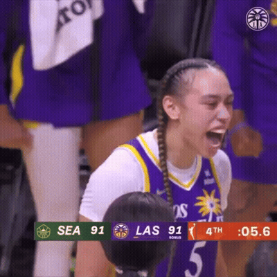 A Woman In A Purple And Yellow Basketball Uniform Is Kneeling Down With Her Mouth Open . GIF