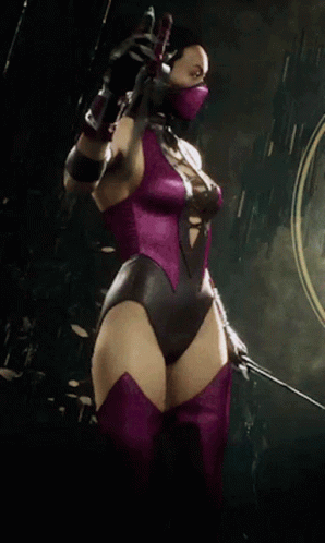 A Woman In A Purple Bodysuit Is Holding A Sword In Her Hand . GIF
