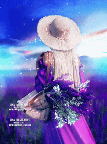 A Woman In A Purple Dress And Hat Is Holding A Bouquet Of Purple Flowers GIF