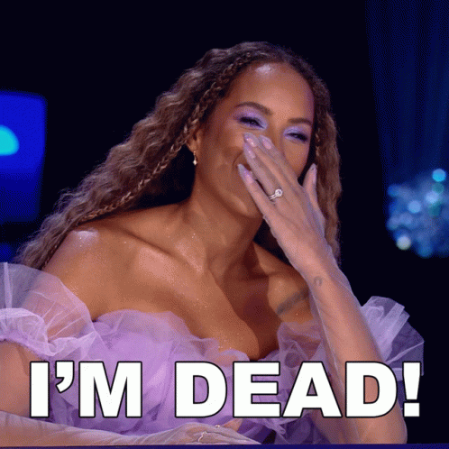 A Woman In A Purple Dress Covering Her Face With Her Hand And The Words I 'M Dead Below Her GIF