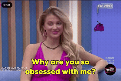 A Woman In A Purple Dress Is Being Asked Why Are You So Obsessed With Me GIF