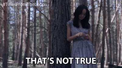 A Woman In A Purple Dress Is Leaning Against A Tree In The Woods And Says That 'S Not True GIF