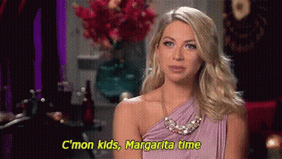 A Woman In A Purple Dress Is Saying C'mon Kids , Margarita Time . GIF