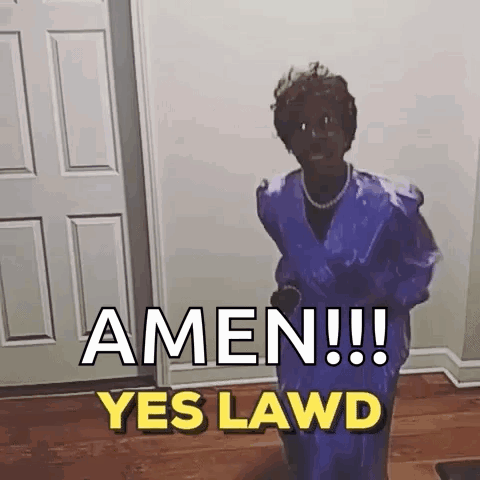 A Woman In A Purple Dress Is Standing In A Room With The Words Amen ! Yes Lawd . GIF