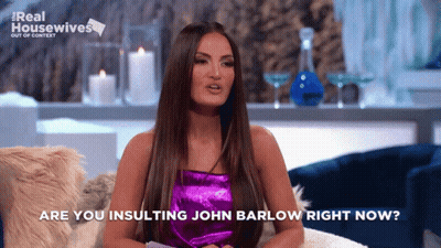A Woman In A Purple Dress Says " Are You Insulting John Barlow Right Now " On A Real Housewives Show GIF
