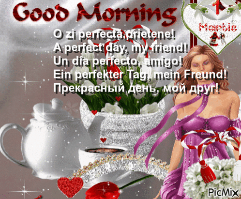 A Woman In A Purple Dress Stands In Front Of A Potted Plant And A Cup Of Coffee GIF