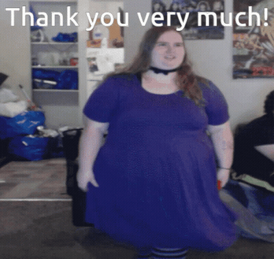A Woman In A Purple Dress Stands In Front Of A Sign That Says " Thank You Very Much " GIF