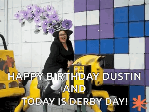 A Woman In A Purple Hat Is Riding A Yellow Horse . GIF