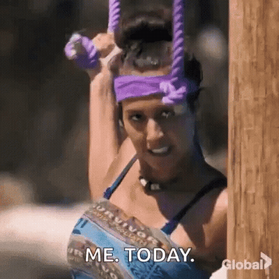 A Woman In A Purple Headband Is Hanging From A Rope And Says `` Me Today '' . GIF