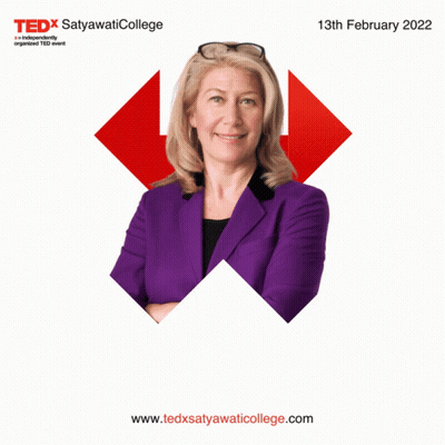 A Woman In A Purple Jacket Is Featured On A Poster For Tedx Satyawati College GIF