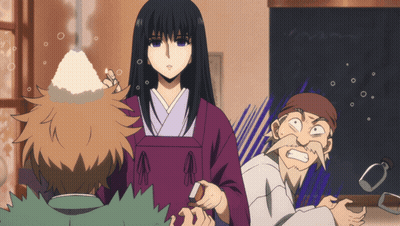 A Woman In A Purple Kimono Is Standing Next To A Man With A Beard GIF