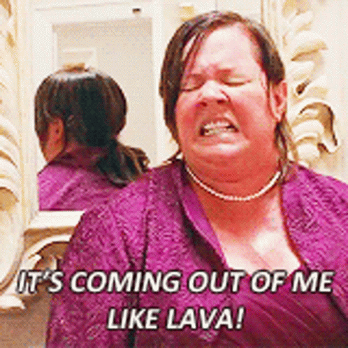 A Woman In A Purple Shirt Is Screaming And Says It 'S Coming Out Of Me Like Lava GIF