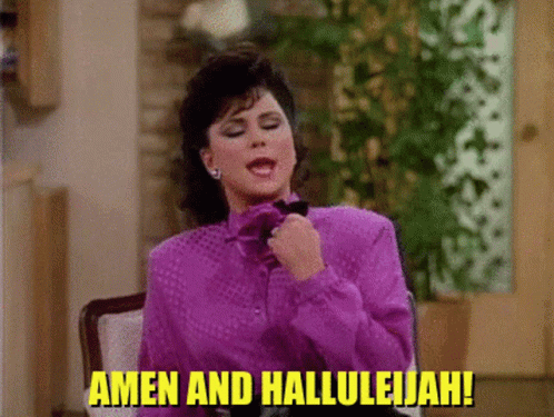A Woman In A Purple Shirt Is Sitting In A Chair And Says Amen And Hallelujah GIF