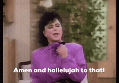 A Woman In A Purple Shirt Is Sitting In A Chair And Says Amen And Hallelujah To That ! GIF