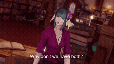 A Woman In A Purple Shirt Says Why Don 'T We Have Both GIF