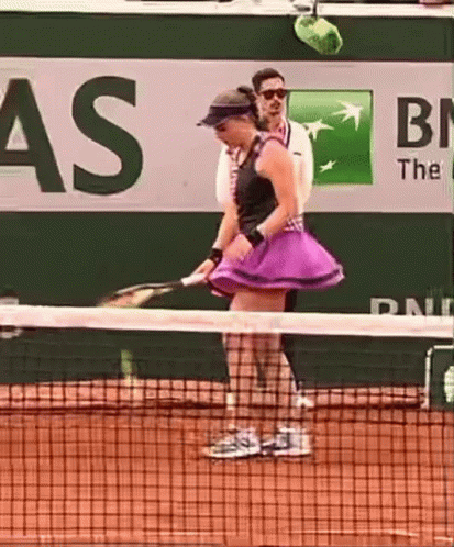 A Woman In A Purple Skirt Is Holding A Tennis Racquet On A Tennis Court In Front Of A Bnl Sign GIF