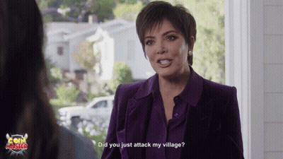 A Woman In A Purple Suit Is Talking To Another Woman And The Words Did You Just Attack My Village Are Visible GIF