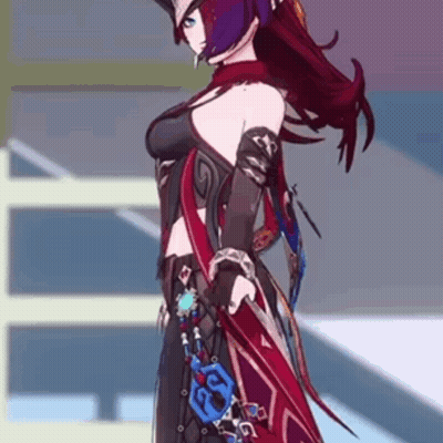 A Woman In A Red And Black Dress Is Holding A Sword And A Key . GIF
