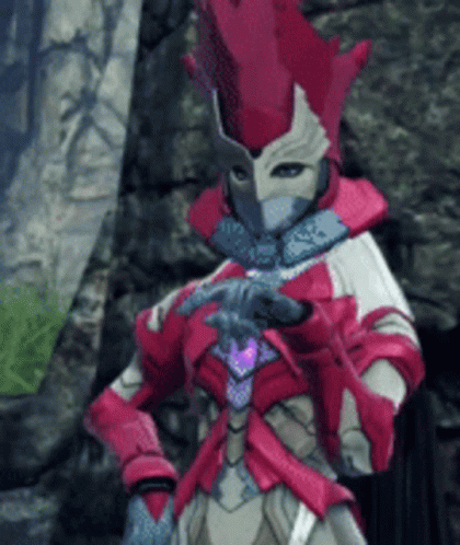 A Woman In A Red And White Costume Is Holding A Sword In Her Hand . GIF