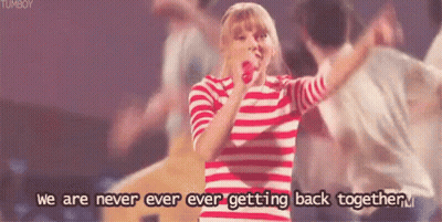 A Woman In A Red And White Striped Shirt Is Singing Into A Microphone With The Words " We Are Never Ever Ever Getting Ba GIF