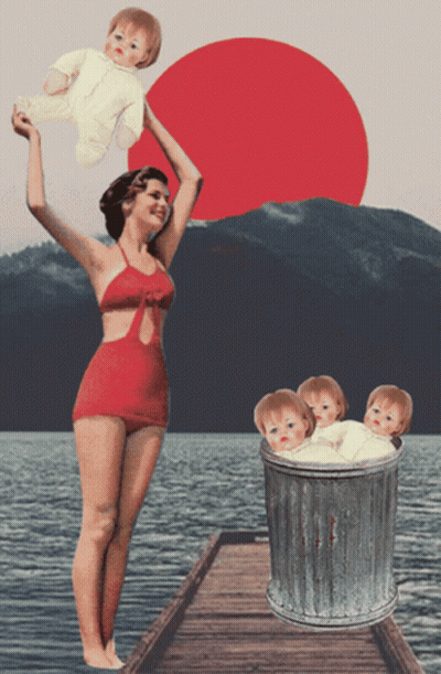 A Woman In A Red Bathing Suit Is Holding Two Babies And A Trash Can With Three Babies In It GIF