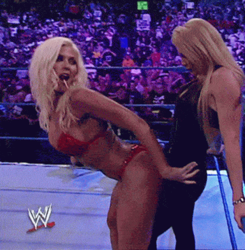 A Woman In A Red Bikini Is Standing In A Wrestling Ring GIF