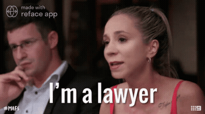 A Woman In A Red Bra Says I 'M A Lawyer In Front Of A Man In A Suit GIF