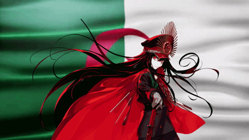 A Woman In A Red Cape Is Standing In Front Of A Flag GIF