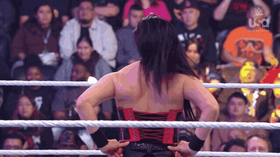 A Woman In A Red Corset Is Standing In A Wrestling Ring With Her Back To The Camera . GIF