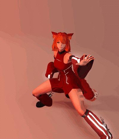 A Woman In A Red Dress And Gloves Is Standing In Front Of A Wall GIF